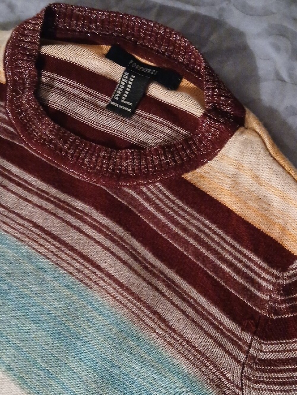 3/15 Glitter Sparkly Forever 21 Striped Crop Sweater in Brown, Teal, Cream